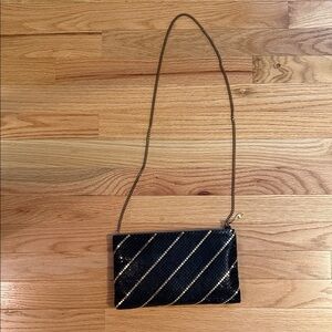 Vintage1980 Black Mesh Diagonal Gold Stripe Clutch / Crossbody Purse Evening Bag